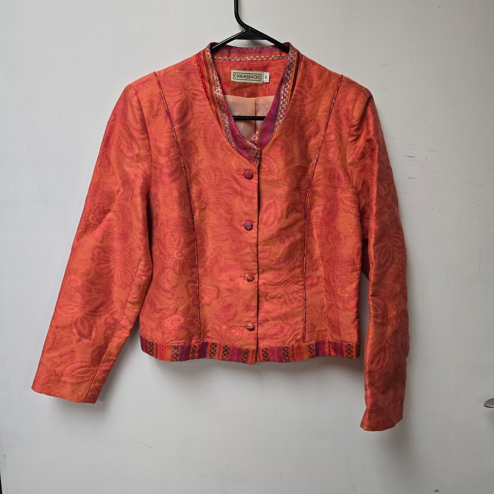 Canvasbacks Vintage Orange Jacquard Blazer Jacket Embroidered Trim Size 10 USA